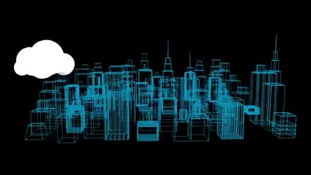 Animáció Digitális Felhők Ikonok Több Mint Rajz Városkép Fekete Háttér — Stock videók