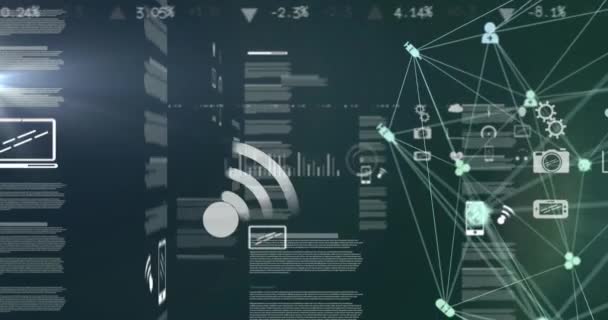 Globo Ícones Digitais Girando Contra Interface Digital Com Processamento Dados — Vídeo de Stock