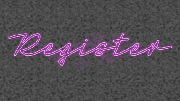 Animation Purple Neon Text Register Grey Textured Background Social Media — Stock Video