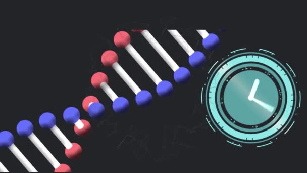 Animation Dna Strand Clock Black Background Party Celebration Concept Digitally — Stock Video