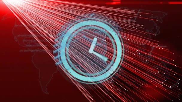 Animation Rotating Clock Globe Red Beams Light Global Communication Technology — Stock Video