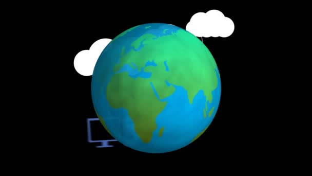Animacja Chmur Cyfrowymi Ikonami Nad Globem Czarnym Tle Globalny Interfejs — Wideo stockowe