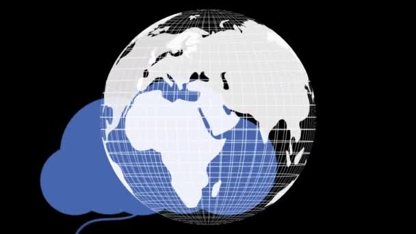 Animação Nuvens Ícones Sobre Globo Sobre Fundo Preto Interface Digital — Vídeo de Stock