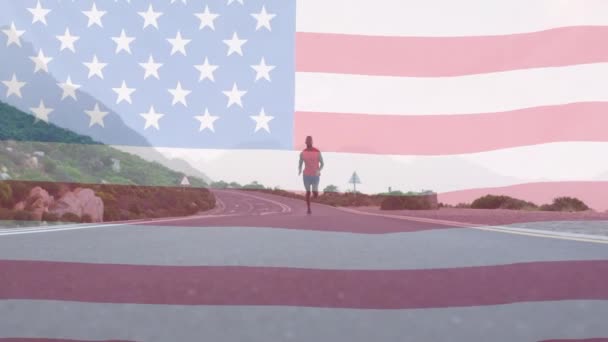 Animazione Della Bandiera Americana Che Passa Sopra Uomo Che Corre — Video Stock