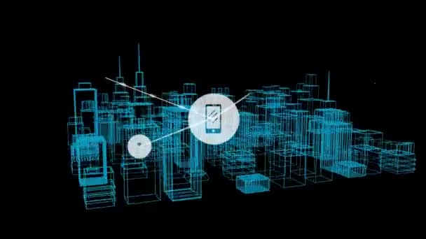 Animation Network Connections Icons Cityscape Drawing Black Background Global Digital — Stock Video