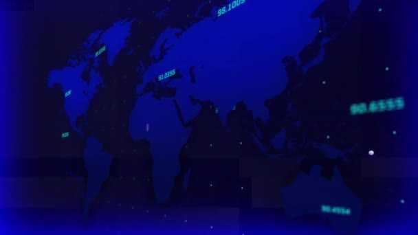 蓝色世界地图背景上数字变化的动画 地理和世界旅行概念数码录像 — 图库视频影像