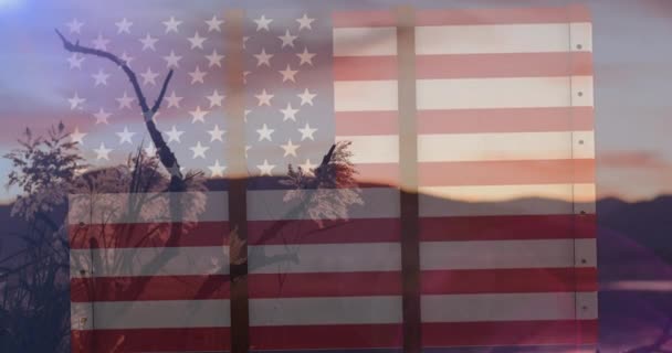 Animation Amerikansk Flagga Över Fantastiska Landskap Patriotism Oberoende Och Försvarsmakt — Stockvideo