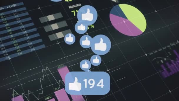 Animation Social Media Icons Rising Numbers Data Processing Graphs Charts — Stock videók