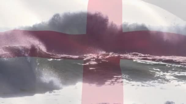 Animatie Van Vlag Van Engeland Zwaaiend Het Breken Van Zeegolven — Stockvideo