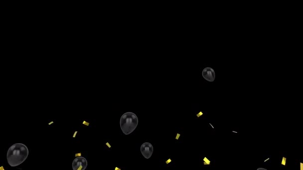 Animation Black Balloons Floating Gold Confetti Falling Black Background Positive — Stock Video