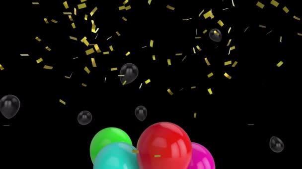 Animation Colourful Balloons Black Balloons Gold Confetti Falling Black Background — Stock Video