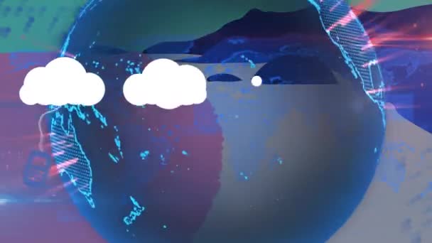 Animação Nuvens Ícones Digitais Sobre Globo Girando Segundo Plano Interface — Vídeo de Stock