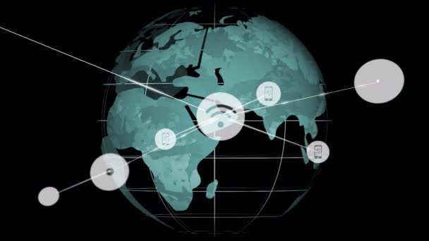 Animación Red Conexiones Con Iconos Todo Mundo Interfaz Digital Global — Vídeo de stock