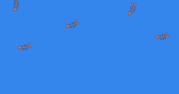 Animation Multiple Fish Skeletons Floating Blue Background Animal Nature Concept — Stock Video