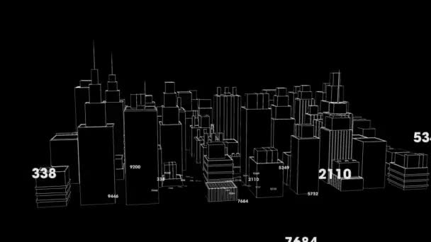 Animação Números Sobre Desenho Paisagem Urbana Fundo Preto Interface Digital — Vídeo de Stock