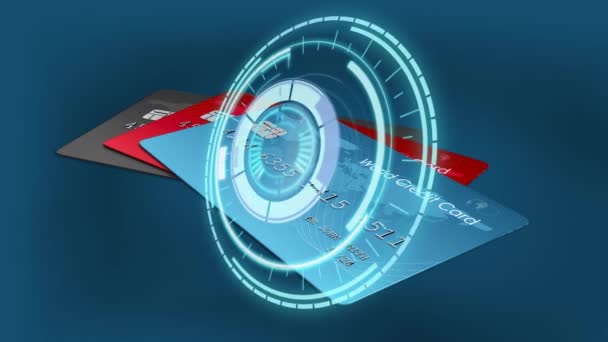 Animace Kruhové Bezpečné Kombinace Zámku Rotující Přes Kreditní Karty Modrém — Stock video