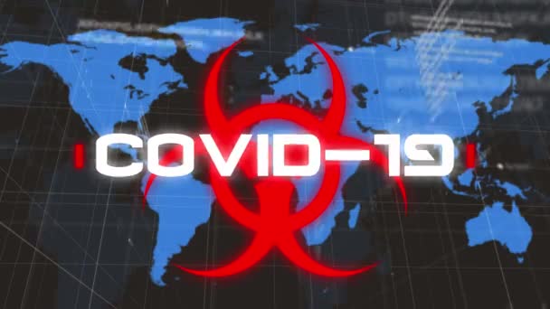 Animering Covid Text Och Biorisker Symbol Över Världskartan Global Covid — Stockvideo
