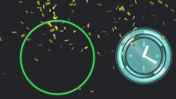 Анимация Конфетти Размахом Часами Черном Фоне Вечеринка Празднование Концепции Цифрового — стоковое видео