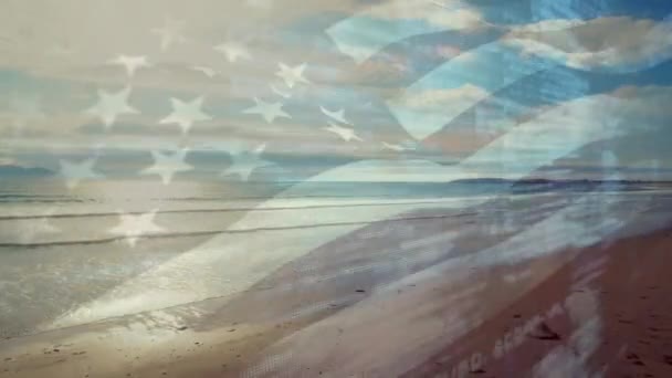 Animation Flaggan Amerika Vinka Över Soligt Hav Och Strand Patriotism — Stockvideo