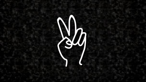 Animacja Białej Neonowej Dłoni Znak Pokoju Czarnym Teksturowanym Tle Media — Wideo stockowe