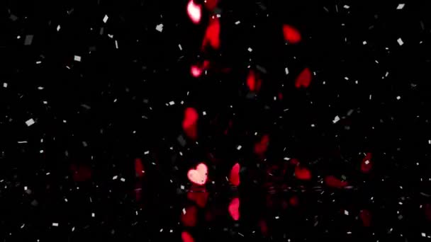 Animación Confeti Corazones Rojos Cayendo Sobre Fondo Negro Día San — Vídeo de stock