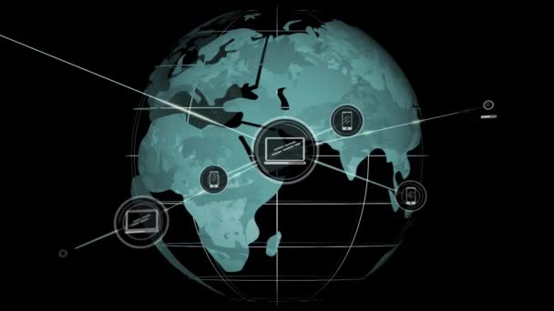 世界中のアイコンとの接続のネットワークのアニメーション 世界的なデジタルインターフェース技術とネットワーキングの概念デジタル生成されたビデオ — ストック動画
