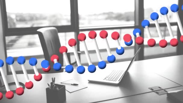 Animação Fio Dna Girando Sobre Laptop Mesa Interface Digital Global — Vídeo de Stock