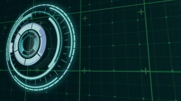 霓虹灯圆形扫描仪在黑色背景的网格网络上的数字动画 计算机接口和技术概念 — 图库视频影像