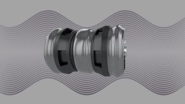 灰色に動く細い波状の運動灰色の線を回転する孤立したジェットエンジンのアニメーション 動き工学的エネルギー概念デジタルで生成されたビデオ — ストック動画