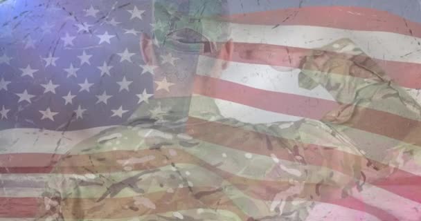 Animación Del Soldado Saludando Sobre Bandera Americana Patriotismo Fuerzas Armadas — Vídeos de Stock