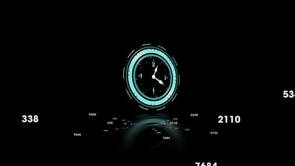 时钟的动画快速移动 数字在黑色背景下变化 全球数字接口 技术和网络概念 — 图库视频影像