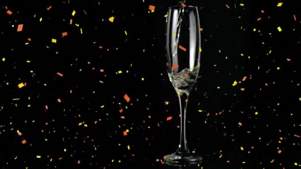 Animation Champagne Glass Confetti Falling Black Background Celebration Party Concept — Stock Video