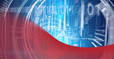 Kapsam taraması ve bilgisayar sunucularıyla ikili kodlama bileşimi. küresel iş, dijital arayüz, teknoloji ve ağ konsepti dijital olarak oluşturulmuş görüntü.