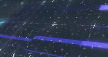 Izgara arka planında parlayan mavi karelerin ve yanıp sönen çizgilerin görüntüsü. dijital arayüz bağlantısı ve dijital olarak oluşturulan iletişim konsepti.