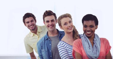 Dijital simgelerin ve gülümseyen arkadaş gruplarının oluşturduğu ağ. küresel dijital arayüz, teknoloji ve ağ konsepti dijital olarak oluşturulmuş görüntü.