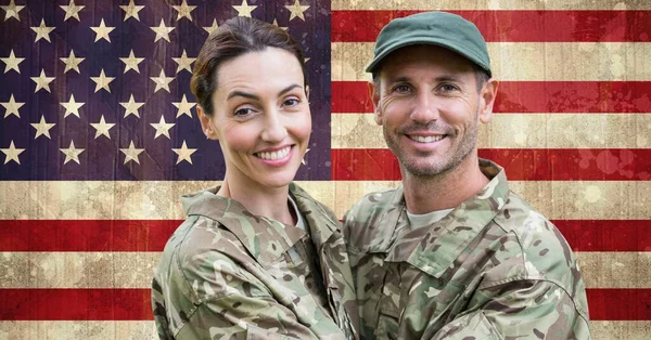 Composition Smiling Male Female Soldier Embracing American Flag Patriotism Independence — Stock Photo, Image