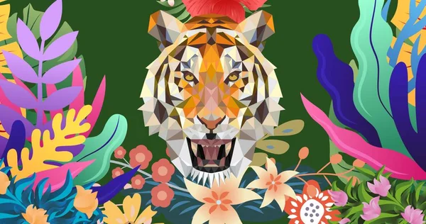 Composition Tiger Head Tropical Leaves Green Background Animal Pet Concept — Stock Photo, Image