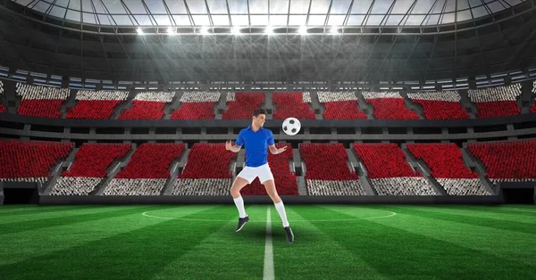 スタジアムでボールを持つ男性サッカー選手の構成 スポーツと競争の概念をデジタルで生成し — ストック写真