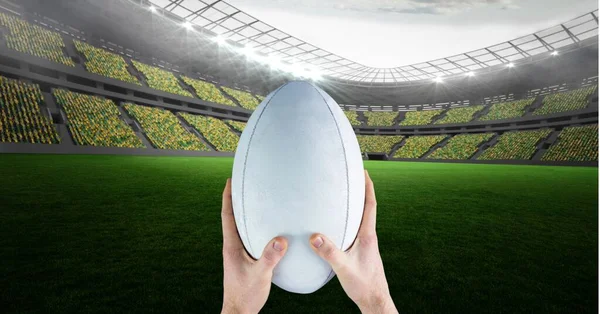 Composición Jugador Rugby Masculino Sosteniendo Pelota Estadio Concepto Deporte Competición —  Fotos de Stock