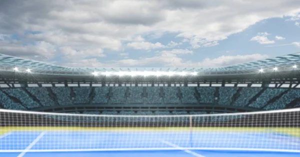 Composición Cancha Tenis Vacía Estadio Con Cielo Azul Nubes Concepto — Foto de Stock