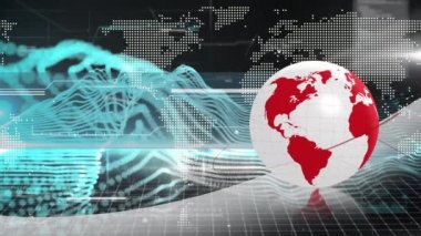 Animation of rotating red and white globe and data processing with world map on black. global communication technology and digital data network concept, digitally generated video.