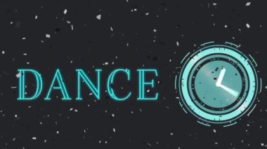 Dans metniyle konfeti animasyonu ve siyah arka planda saat. parti ve kutlama konsepti dijital olarak oluşturulmuş video.