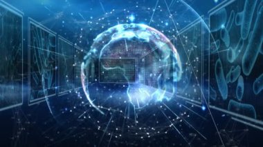 Ekranlardaki veri işleme üzerinden dünya ve bağlantı ağının animasyonu. küresel iş, dijital arayüz, teknoloji ve ağ konsepti dijital olarak oluşturulmuş video.