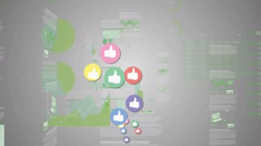Animation of social media like icons, with interface screens processing data and charts, on grey. global business communication and digital interface concept, digitally generated video.