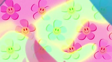 Animation of yellow and pink text 20 percent off, with smiley face flowers on green and pink. retail trade sale communication concept, digitally generated video.