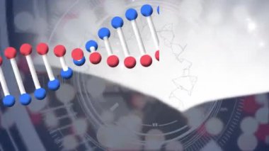 DNA ipliği ve dürbün taramasının animasyonu. küresel dijital arayüz, teknoloji ve ağ konsepti dijital olarak oluşturulmuş video.