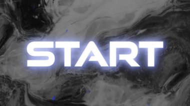 Metnin animasyonu başlıyor, beyaz olarak, siyah ve gri kıvrımlı arka planda. Antika video oyunu arayüzü iletişim konsepti, dijital olarak oluşturulmuş video.