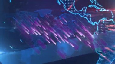 Animation of purple stirpes and globe over world map. global digital interface, technology and networking concept digitally generated video.