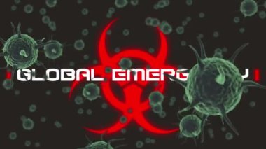 Biyolojik tehlike sembollü 19 metin ve hücrenin animasyonu. küresel covid 19 salgın konsepti dijital olarak oluşturulmuş video.