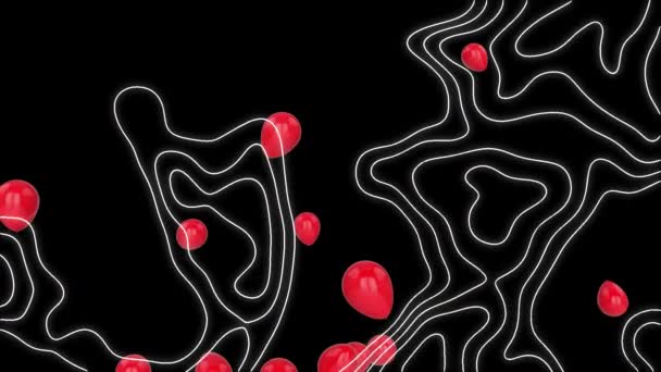 Animación Globos Rojos Flotantes Carta Topográfica Movimiento Sobre Negro Sentimientos — Vídeo de stock